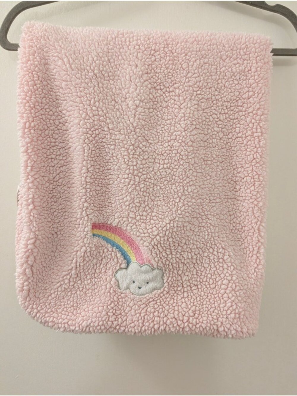 Blankets & Beyond Pink Sherpa Baby Blanket With Rainbow & Cloud Embroidery